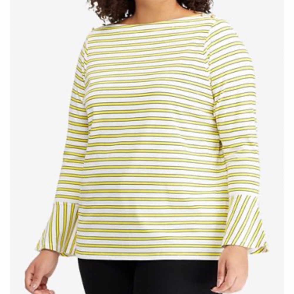 LAUREN Ralph Lauren Yellow Stripe Bell Sleeve Top 3X - Picture 2 of 9